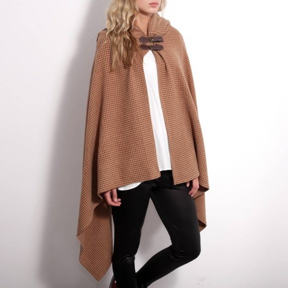 Ralph Lauren Jackets & Blazers - Ralph Lauren Wool Houndstooth Buckle Poncho Cape Coat Cardigan Sweater Camel Tan